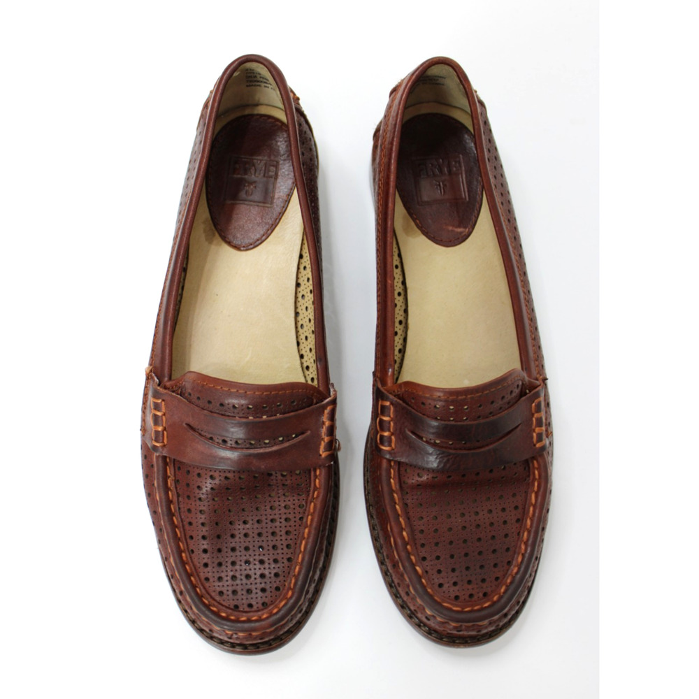 Women’s Frye Penny Loafers Dalia Brown Leather Perforated Shoes Flat Preppy 8 M - Picture 2 of 12